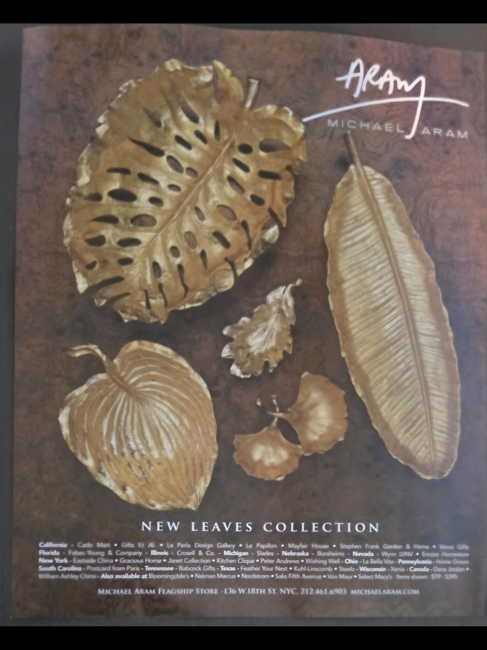 Michael Aram Gold Leaves Art Set - Metallic Gold Leaves Print Ad Size 8"×10"